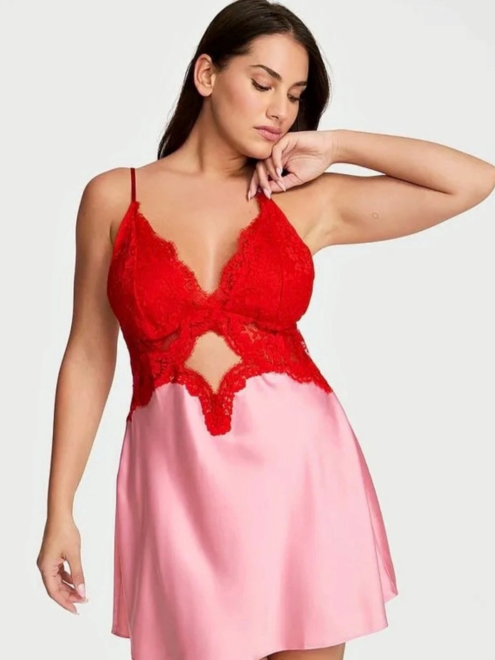 Victoria's Secret Dream Angels Satin & Lace Cutout Slip Dress Pink & Red